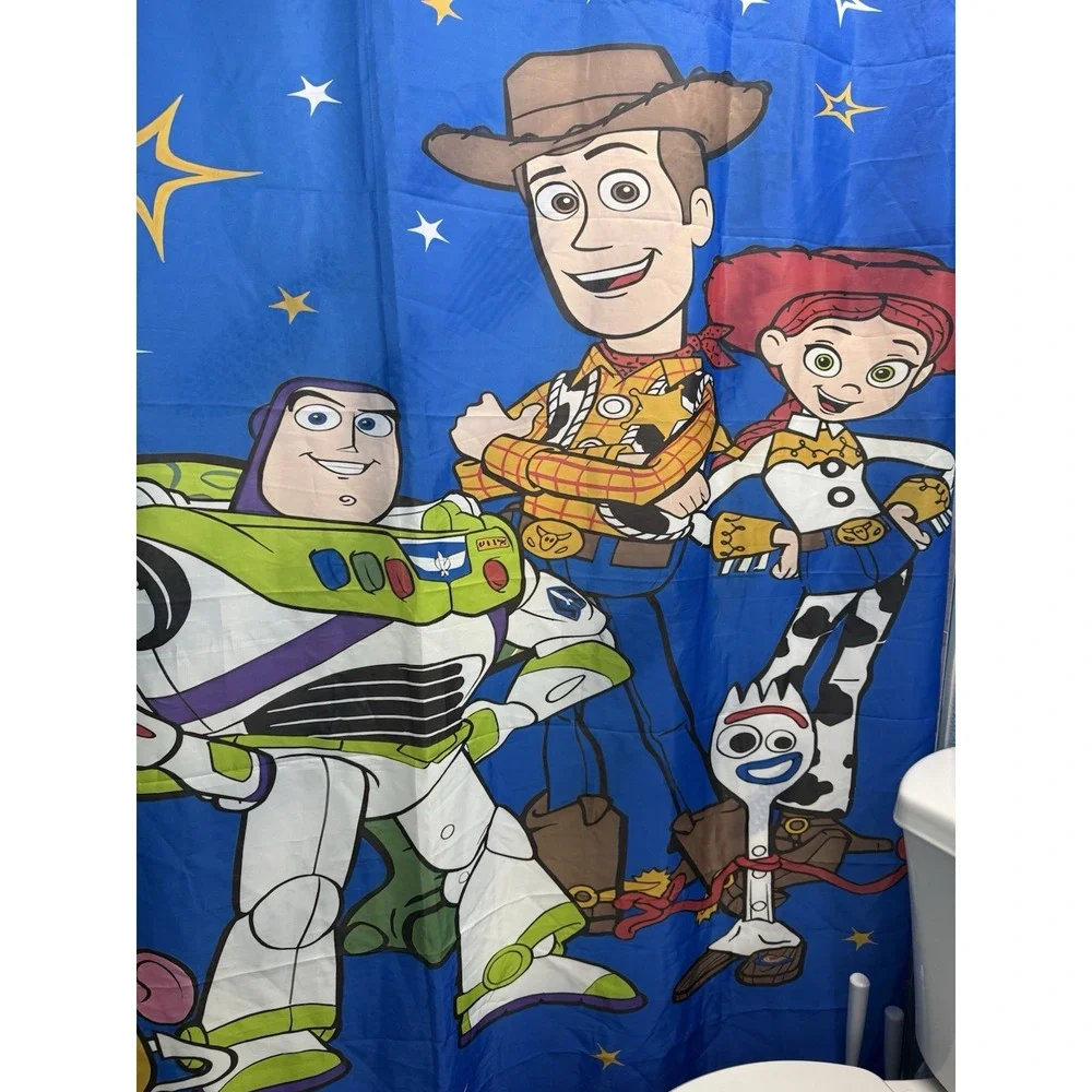 Blue Toy Story Theme Children's Shower Curtain with Woody Buzz Lightyear Jessie